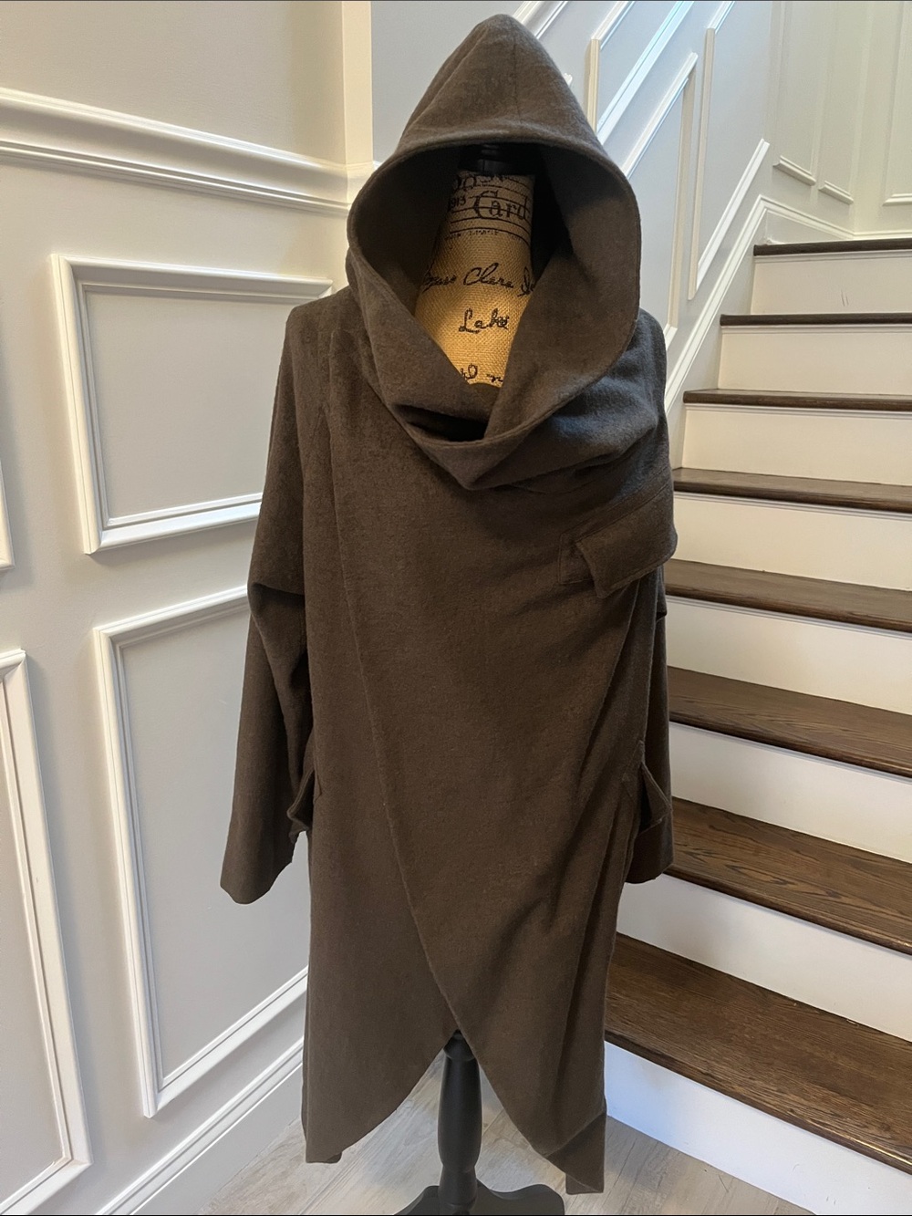 Women's boiled wool Hooded Asymmetrical Coat in heather green